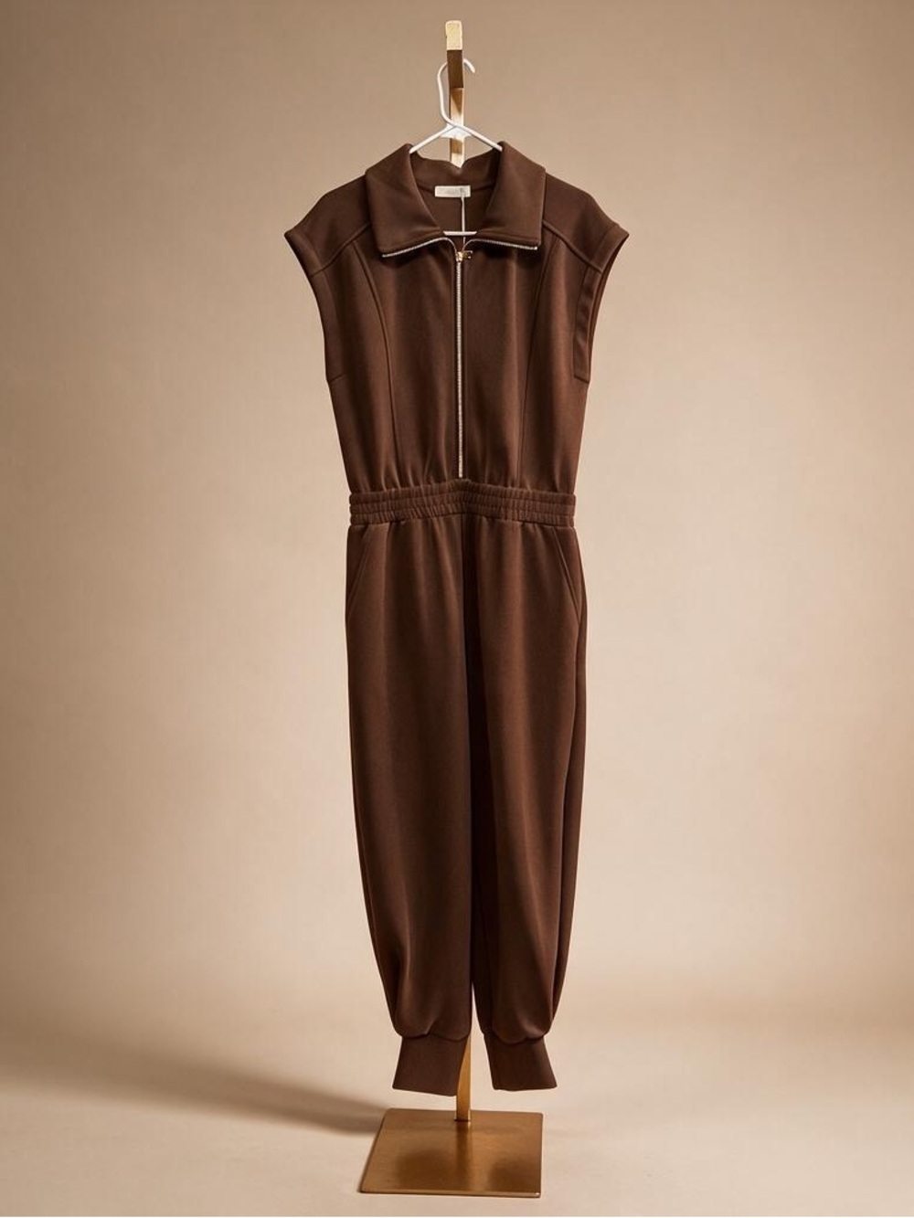 ELAN - Sleeveless Brown Half Zip-Front Jumpsuit with Elastic Waist - Small